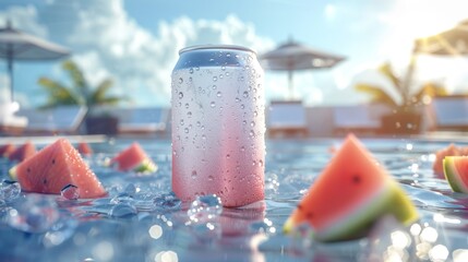 Refreshing Summer Beverage Can Mockup with Water Droplets on Poolside and Watermelon Slices, Perfect for Hot Days