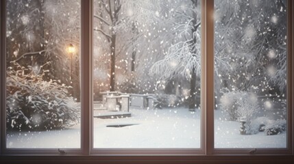 Winter window with falling snow 