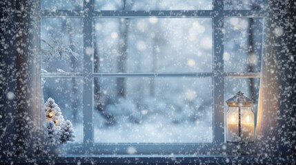 Winter window with falling snow 