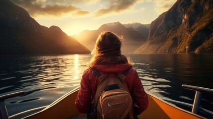 woman and nature,woman with backpack traveling by boat  - obrazy, fototapety, plakaty