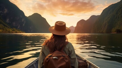 woman and nature,woman with backpack traveling by boat  - obrazy, fototapety, plakaty