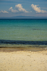 Panoramic view of Karidi beach. Vourvourou, Sithonia, Greece, Halkidiki. Wild beautiful beach with turquoise water. 