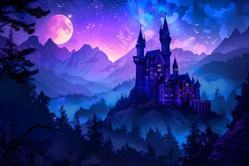 Fotobehang Donkerblauw Fairy tale castle in the mountains at night cartoon