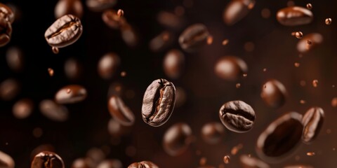 Numerous coffee beans are suspended in the air, seemingly frozen in motion. They create a captivating sight as they fly through the environment.