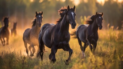 Fototapeta premium Galloping Through Nostalgic Horse History. Tour Through Meadows and Fields. Experience the Beauty of Nature as Horses Roam Freely