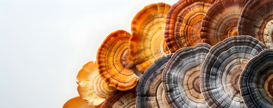 Reishi mushroom showcased on a white background A diverse array of Reishi mushrooms displayed against a clean white background. Concept Mushroom Photography, Reishi Variety, White Background Display