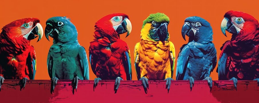 Parrot Prowess. Pop Art Academic Conference Featuring Vibrant Feathers and Profound Wisdom. Enter a World of Color and Beauty as Exotic Birds