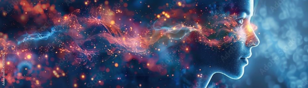 Wall mural vibrant brain map. amidst the cosmic tapestry. explore the depths of the mind against the backdrop o