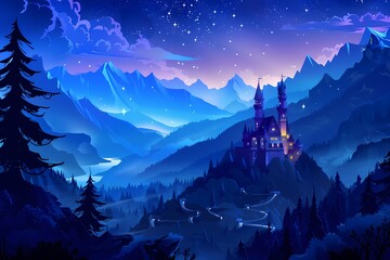Fairy tale castle in the mountains at night cartoon - obrazy, fototapety, plakaty