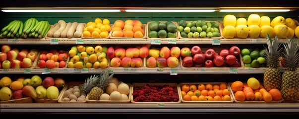 Shelf with fruits in food supermarket - obrazy, fototapety, plakaty