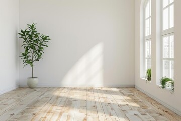 Empty white room with minimalist design Featuring wooden floors and green plants for a touch of nature