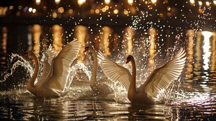 Graceful Water Dances at the Romantic Swan Ballet School. A Serene Tribute to Nature's Elegance. Watch as Swans Glide Across the Shimmering Lake - obrazy, fototapety, plakaty