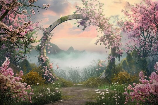 Fantasy garden scene with blooming trees and magical meadow Creating an enchanting landscape with a round frame for messages