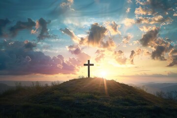 Holy week concept with a cross on a hill Symbolizing faith Spirituality And the easter season - obrazy, fototapety, plakaty