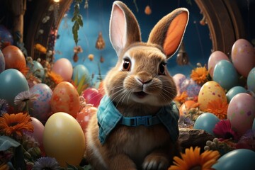 Fototapeta na wymiar Easter Bunny Sitting Among Easter Eggs Generative AI
