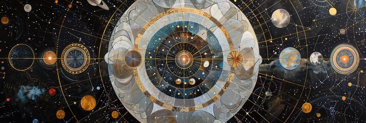 Obraz premium Celestial motifs intertwined with geometric shapes, creating a mesmerizing fusion of art and science
