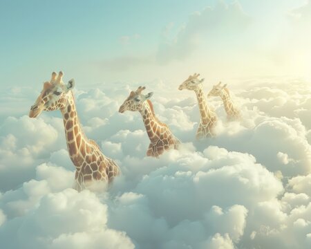 Surreal Academic Conference. Giraffes Reaching for Knowledge Amongst the Clouds. Picture a Scene Where Giraffes, the Symbol of Elegance and Height