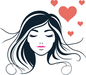 Beautiful pink lip girl with flying hair and love for women's Day or Valentine's Day gift