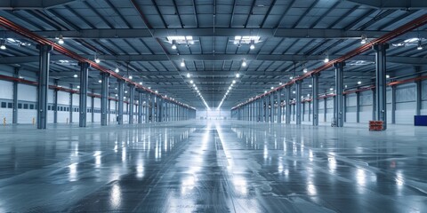 A vast warehouse space filled with bright lights, devoid of any objects or people. The numerous lights illuminate the empty expanse, creating a stark and industrial atmosphere.