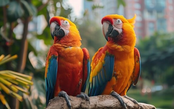 Urban Parrot Language Lab. Picture a Scene where the Vibrant Colors of Parrots Illuminate the Urban Landscape