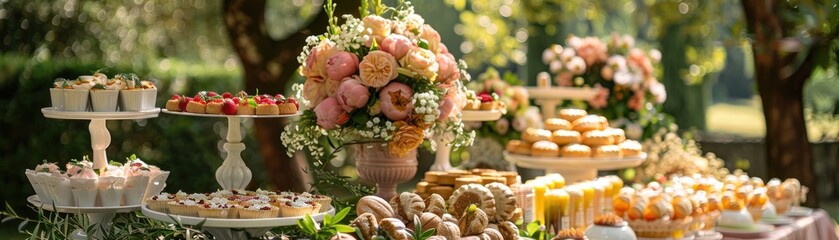 Fototapeta premium Step into the Enchanting Whimsy of Our Garden Party, Where Elegant Flora Beckons and Nostalgia Blooms. Amidst a Sea of Blossoms
