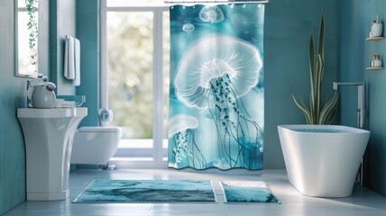 bathroom set with jellyfish motifs, including shower curtains and bath mats in soft, aquatic hues - obrazy, fototapety, plakaty