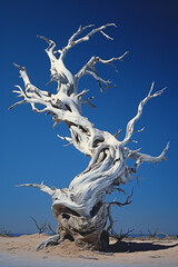 a dead tree next to a blue sky, in the style of nightmarish creatures, light white and silver сreated with Generative Ai