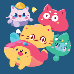 whimsical cat adventures in mushroom realm collect the set, vector illustration kawaii