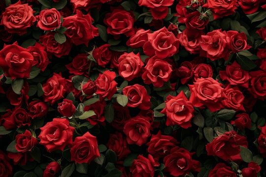 Vibrant pattern of fresh red roses Forming a lush floral wallpaper that symbolizes love and beauty