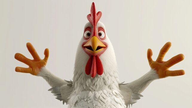 cartoon of a white chicken looking at the camera with open arms, White background