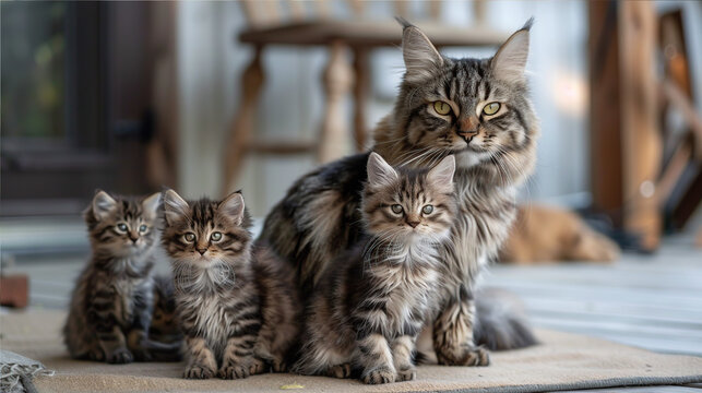 Maine Coon cat with kittens