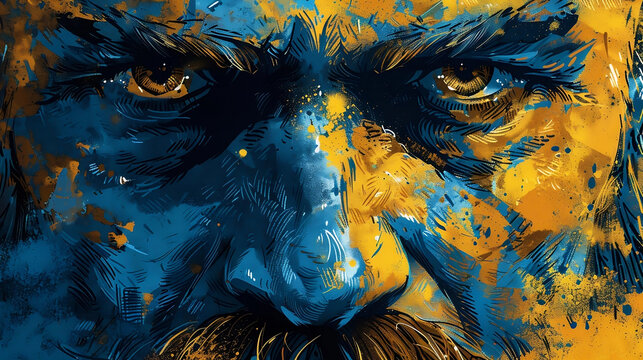 illustration face of ukrainian cossack in blue and yellow 