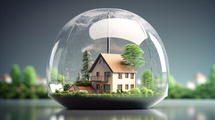 a house and trees inside a glass sphere - obrazy, fototapety, plakaty