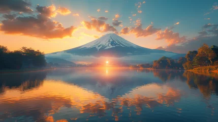 Papier Peint photo autocollant Mont Fuji Aerial Panorama Landscape of Fuji Mountain. Iconic and Symbolic Mountain of Japan. Scenic Sunset Landscape of Fujisan at Evening Time, Kawaguchiko, Yamanashi, Japan.