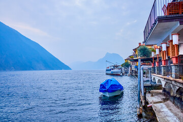 The lakeside building with magnificent views overlooking Lake Lugano in Gandria, Switzerland