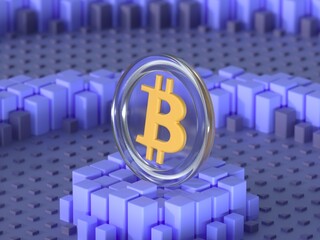 Bitcoin cryptocurrency with abstract background. Bitcoin with abstract purple geometric shape background.