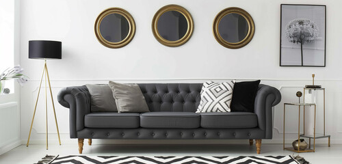 Charcoal gray sofa, gold-framed mirrors, white wall, abstract black and white chevron.