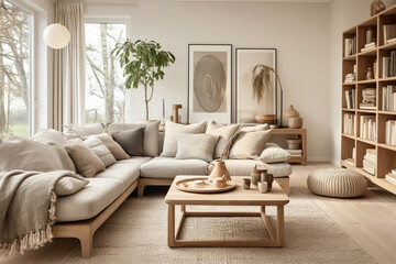 A welcoming Scandinavian-inspired living room in calming beige shades, designed for relaxation and harmony with nature-inspired decor and textures.