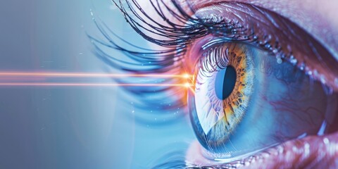 Laser or lasik eye surgery concept, laser beam shining into eyes.