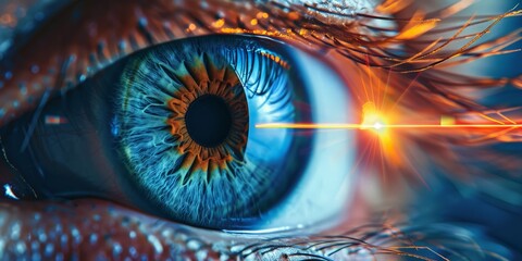 Laser or lasik eye surgery concept, laser beam shining into eyes. - obrazy, fototapety, plakaty