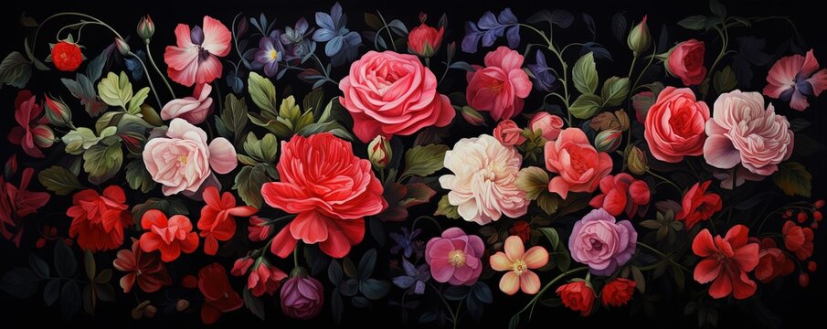 A vibrant explosion of roses on a deep, mysterious black backdrop paints a captivating scene of natural beauty and wonder