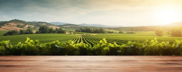 Schilderijen op glas Empty wood table top with on blurred vineyard landscape background, for display or montage your products. Agriculture winery and wine tasting concept. digital ai art © Влада Яковенко