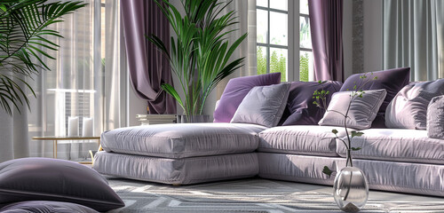 Lounge area, pale lavender and misty gray, oversized cushions.