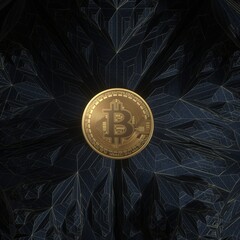 3D golden Bitcoin and dark futuristic background.
