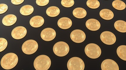 Golden Bitcoin symbol. 3D illustration of gold Bitcoins logo on the black background.