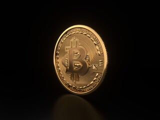 3D illustration of golden Bitcoin logo on the dark background.