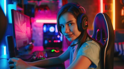 Enthusiastic female gamer enjoying a live stream gaming session in a vibrant neon-lit room, exemplifying the excitement of esports and streaming culture - AI generated