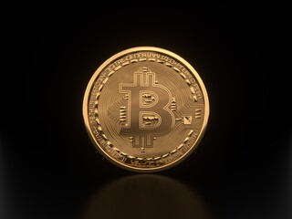 3D illustration of golden Bitcoin logo on the dark background.