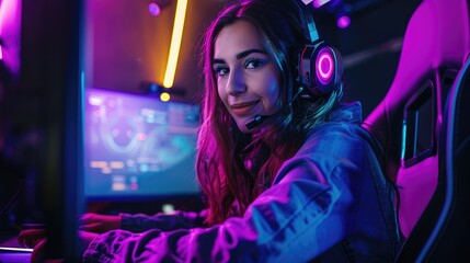 Fototapeta na wymiar Enthusiastic female gamer enjoying a live stream gaming session in a vibrant neon-lit room, exemplifying the excitement of esports and streaming culture - AI generated