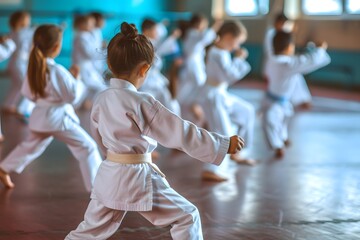 Group of elementary school kids practicing Taekwondo, Children wearing taekwondo uniforms